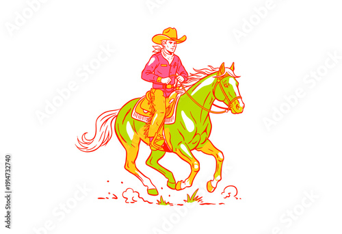 Cowboy riding running horse artwork design. Vintage western rodeo graphic print design. Wild west spirit poster or t shirt apparel. Pop art style illu