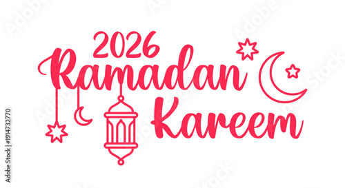 New 2026 Ramadan Kareem lettering design with crescent moon, star and lantern islamic greeting illustration
