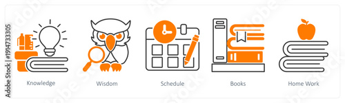 A set of 5 mix icons as knowledge, wisdom, schedule