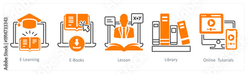A set of 5 mix icons as e learning, e books, lesson