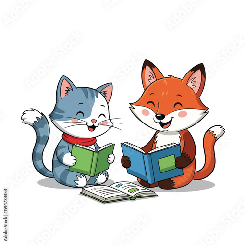 Cartoon Cat and Fox Reading Together