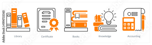 A set of 5 mix icons as library, certificate, books