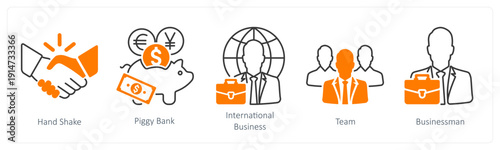 A set of 5 mix icons as handshake, piggy bank, international business
