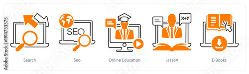 A set of 5 mix icons as search, seo, online education