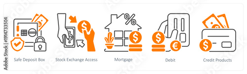 A set of 5 mix icons as safe deposit box, stock exchange access