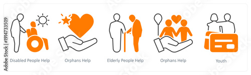 A set of 5 mix icons as disabled people help, orphans help