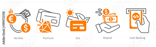 A set of 5 mix icons as no risk, premium, eco