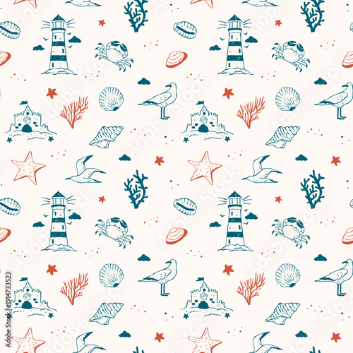Seamless hand-drawn vector coastal beach pattern in doodle style with lighthouse, sandcastles, marine life, starfish, and summer seaside elements. Fun whimsical design