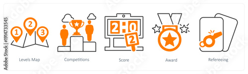 A set of 5 mix icons as levels map, competitions, score