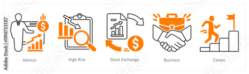 A set of 5 mix icons as advisor, high risk, stock exchange