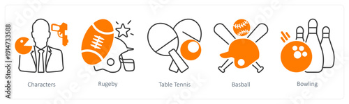 A set of 5 mix icons as characters, rugeby, table tennis
