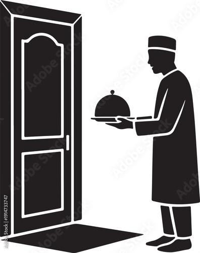 Black and white of a butler holding a covered dish at a doorway tray