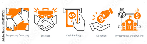 A set of 5 mix icons as supporting company, business, cash banking