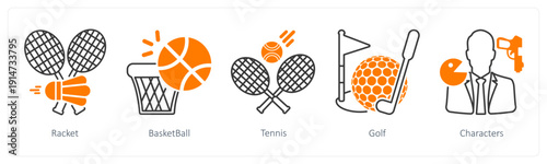 A set of 5 mix icons as racket, basketball, tennis