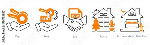 A set of 5 mix icons as keys, rent, sold