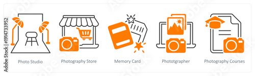 A set of 5 mix icons as photo studio, photography store, memory card