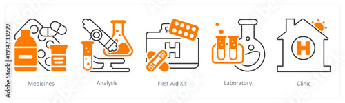 A set of 5 mix icons as medicines, analysis, first aid kit