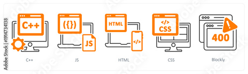 A set of 5 mix icons as c++, js, html