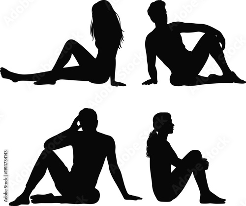 Silhouette seated human figures, artistic pose collection, body posture reference, black vector illustration, cad drawing flat vector illustration, minimal style