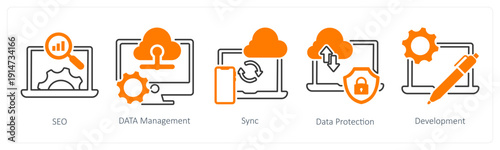 A set of 5 mix icons as seo, data management, sync