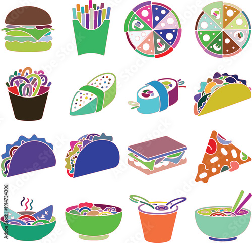 Colorful cartoon food including burgers tacos pizza and sushi