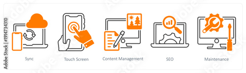 A set of 5 mix icons as sync, touch screen, content management