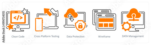 A set of 5 mix icons as clean code, cross platform testing, data protection