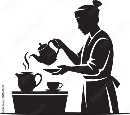 Black silhouette of a person pouring tea from teapot into cup on saucer
