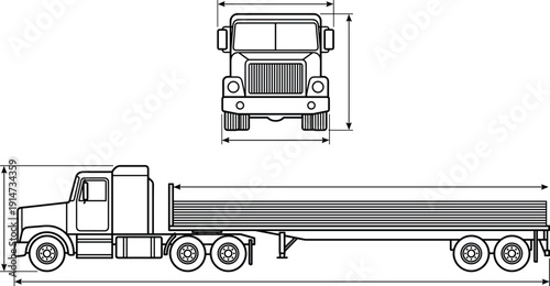 Semi truck flatbed trailer blueprint with front and side elevation views, detailed technical line drawing for transport engineering design