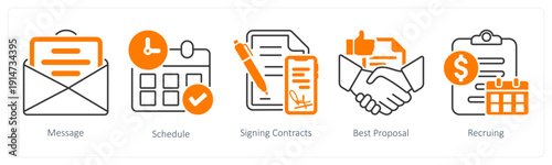 A set of 5 mix icons as message, schedule signing contracts