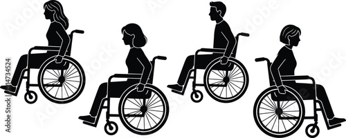 People in wheelchair silhouette collection with men and women, black vector disability and accessibility icons isolated on whitePeople in wheelchair silhouette collection with men 