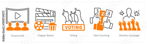 A set of 5 mix icons as cinema hall, clapper board, voting