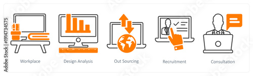A set of 5 mix icons as workplace, design analysis, out sourcing