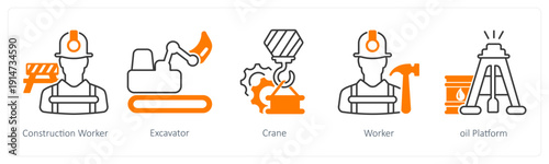 A set of 5 mix icons as construction worker, excavator, crane