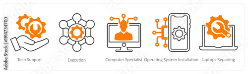 A set of 5 mix icons as tech support, execution, computer specialist