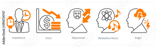 A set of 5 mix icons as impatience, crisis, depression