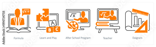A set of 5 mix icons as formula, learn and play, after school program