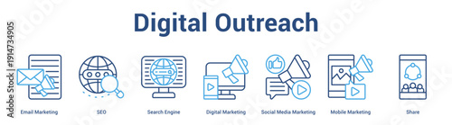 Digital Outreach web banner icon set vector illustration concept for business with icon of Email Marketing, SEO, Search Engine, Digital Marketing, Social Media Marketing, Mob.