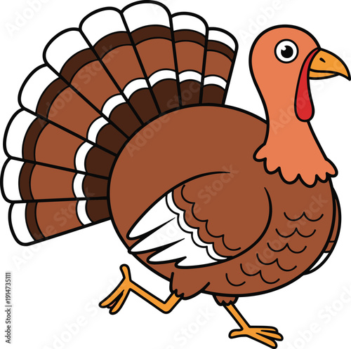 Cute cartoon turkey bird vector illustration with brown feathers and red wattle isolated on white background for Thanksgiving holiday design.