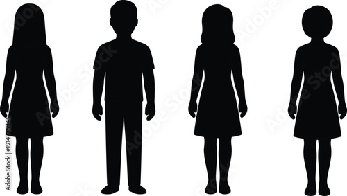 Children silhouette set with boys and girls standing, black vector kids figures isolated on white background