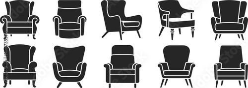 Armchair Silhouette Set Featuring Classic Wingback and Modern Lounge Chairs Isolated on White Background for Furniture Design