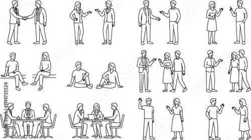 Business and social people outline icon collection with meetings, conversations and teamwork scenes, simple line vector set isolated on whiteBusiness and social people outline icon 