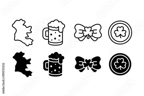 St Patricks Day Irish Icons Set. Leprechaun, Shamrock Collection Glyph and Outline Style