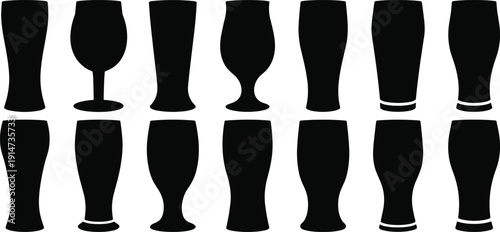 Beer glass silhouette collection isolated on white background, black pint, goblet and lager cup shapes set