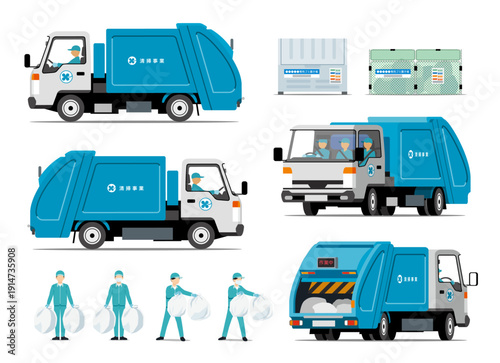 ゴミ収集車と作業員のセット_パッカー車_緑タイプ