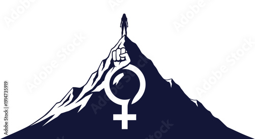 Modern vector illustration of a woman standing on a mountain peak with a raised fist, symbolizing women's empowerment and equality on International Women's Day, with a bold and