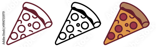 Set of delicious pizza slice vector icons in distinct styles, including simple outline and vibrant full color, perfect for food-themed designs