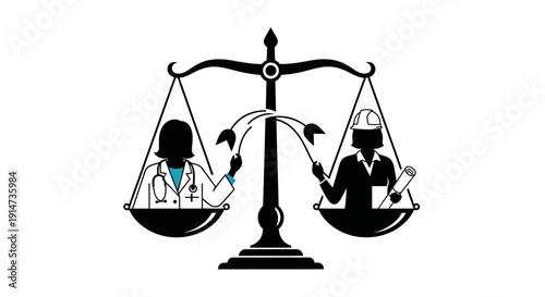 Modern vector illustration of a scale balancing a businessman and a woman in a professional setting for an International Women's Day or women empowerment campaign poster design.
