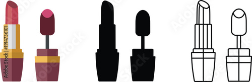 Set of three lipsticks, one colored, one silhouette, and one outline illustration, showcasing cosmetic products for beauty and makeup routines