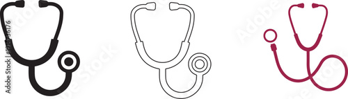 Three Stethoscope Icons Black, White Outline, and Red - Medical Symbolizing Healthcare and Diagnostics